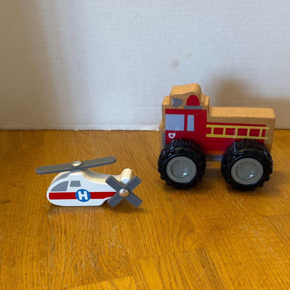 Wooden Fire Truck and Helicopter Toy Set